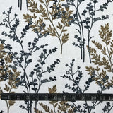 POLYESTER DÉCO ET NAPPE FEUILLAGE MARINE ET BRUN SUR FOND BLANC