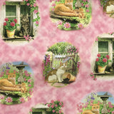 COTON IMPRIMÉ CHATS DANS LA FENÊTRE FOND ROSE