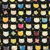 COTON IMPRIMÉ FACES DE CHATS COLORÉS FOND NOIR
