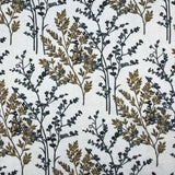 POLYESTER DÉCO ET NAPPE FEUILLAGE MARINE ET BRUN SUR FOND BLANC