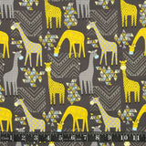COTON IMPRIMÉ GIRAFE JAUNE SUR FOND GRIS