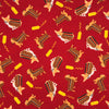 COTON IMPRIMÉ CHIENS HOT DOG MOUTARDE FOND ROUGE