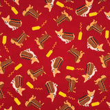 COTON IMPRIMÉ CHIENS HOT DOG MOUTARDE FOND ROUGE