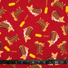 COTON IMPRIMÉ CHIENS HOT DOG MOUTARDE FOND ROUGE