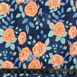 TRICOT DE COTON IMPRIMÉ ROSES FOND BLEU
