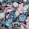 TRICOT POLYESTER IMPRIMÉ FEUILLES ROSES ET BLEUES